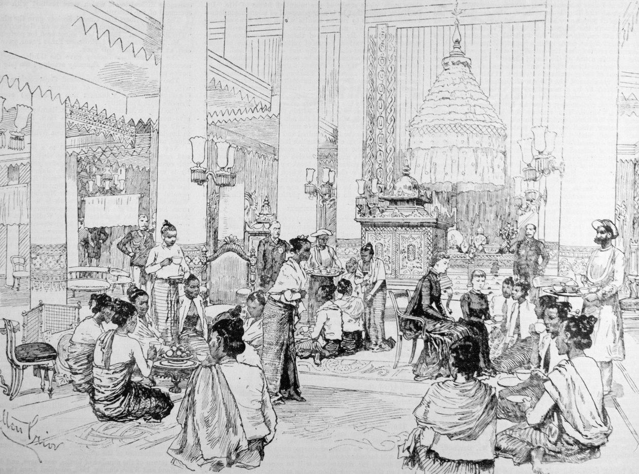 1886年3月4日、 『The Illustrated London News』より、ビルマのインド総督：マンダレーの宮殿でダファリン夫人とお茶を飲むビルマの女性 作： メルトン・プライアー