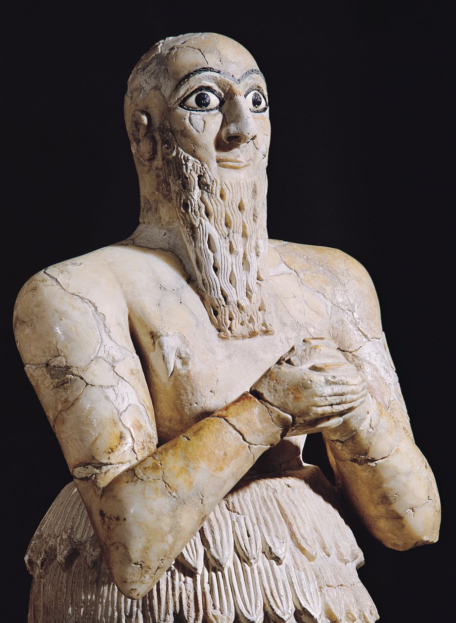 紀元前2800年から2300年のアラバスター、マリ、ユーフラテス川のマリからの祈りでのマリの王、イトゥール=シャマーゲン像の詳細 作： メソポタミア