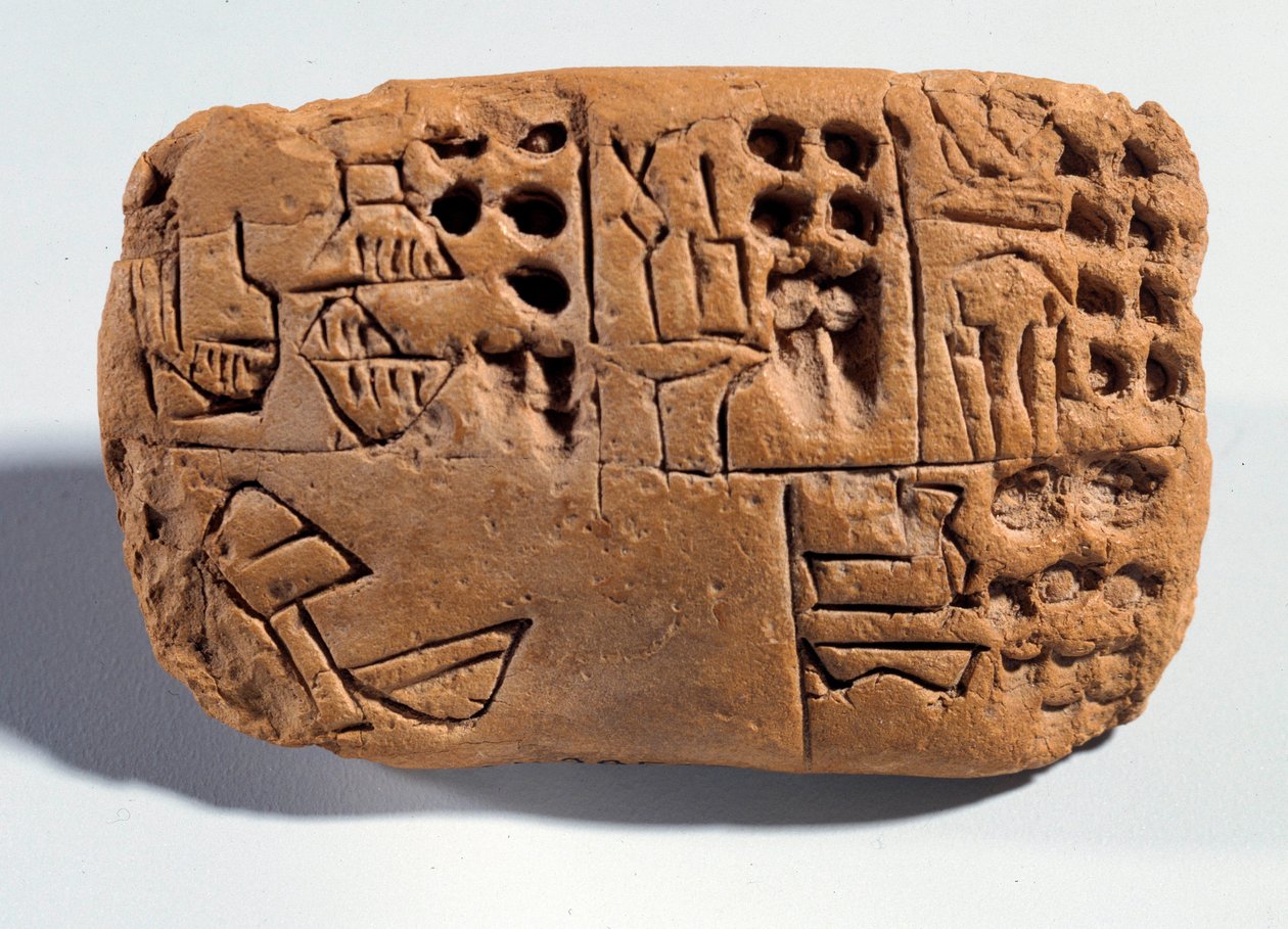 メソポタミー：楔形文字が刻まれた生土のタブレット。シュメール地方。紀元前3300年 パリ、ルーヴル美術館（Musee du Louvre 作： メソポタミア学校