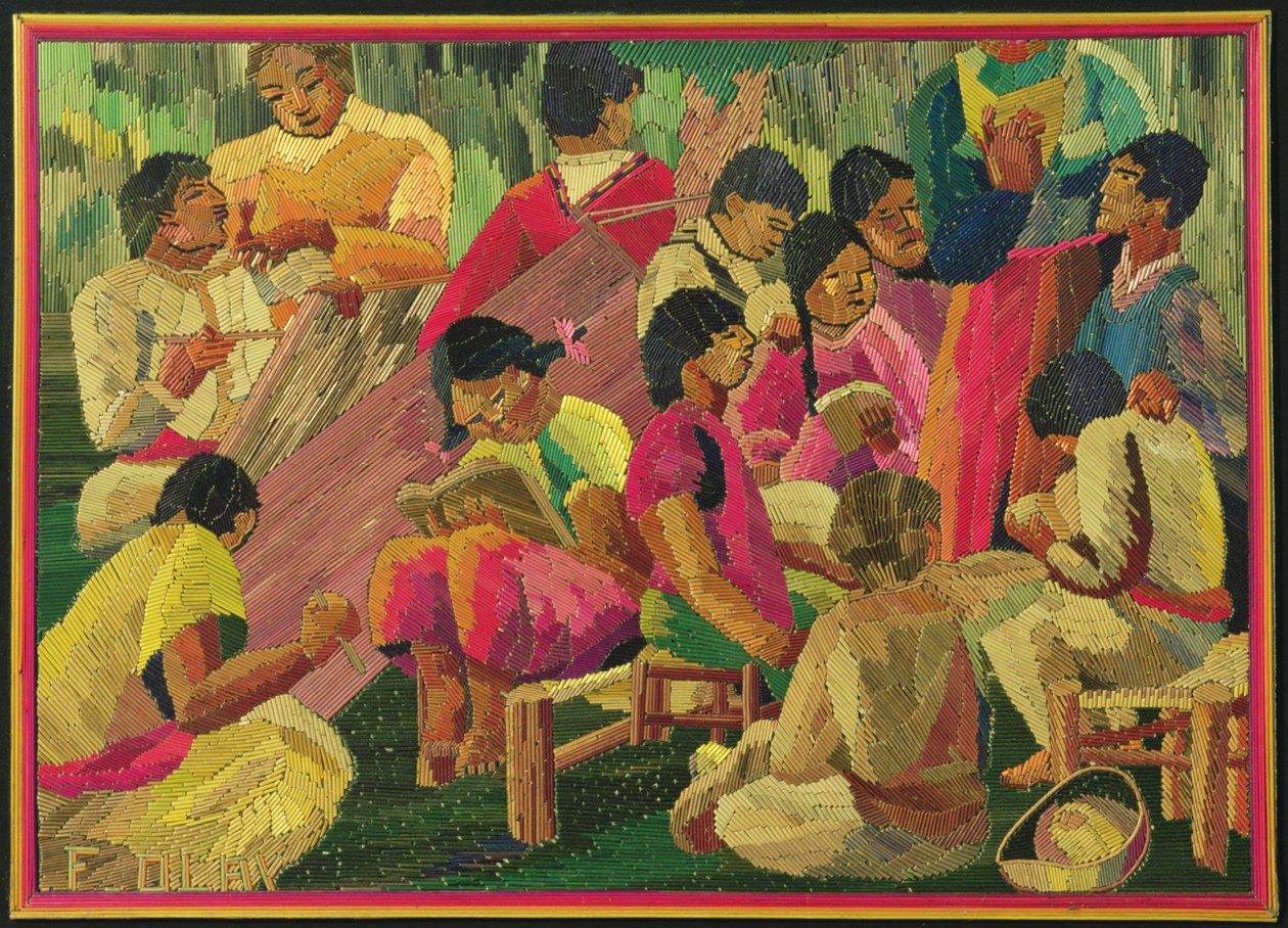 メキシコの村のシーン（色のわら絵） 作： メキシコの学校