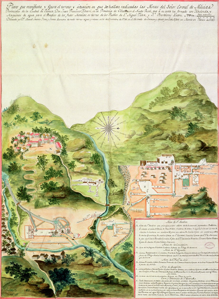 メキシコのオアハカ鉱山の計画、1785-87年（紙にペンとインクとトイレ） 作： メキシコの学校
