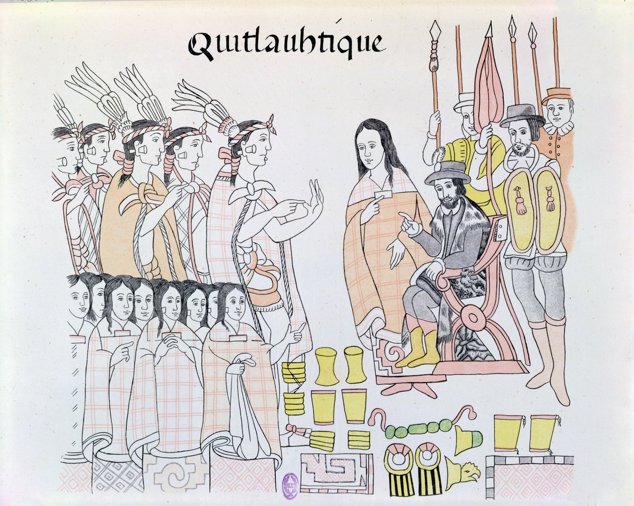 メキシコインディアンpictの複製からエルナンドコルテス（1485-1547）のイラストにモンテズマ（1466-1520）が女性と金を贈呈する際に通訳を務めるラマリンチェ（ドナマリーナ） 作： メキシコの学校