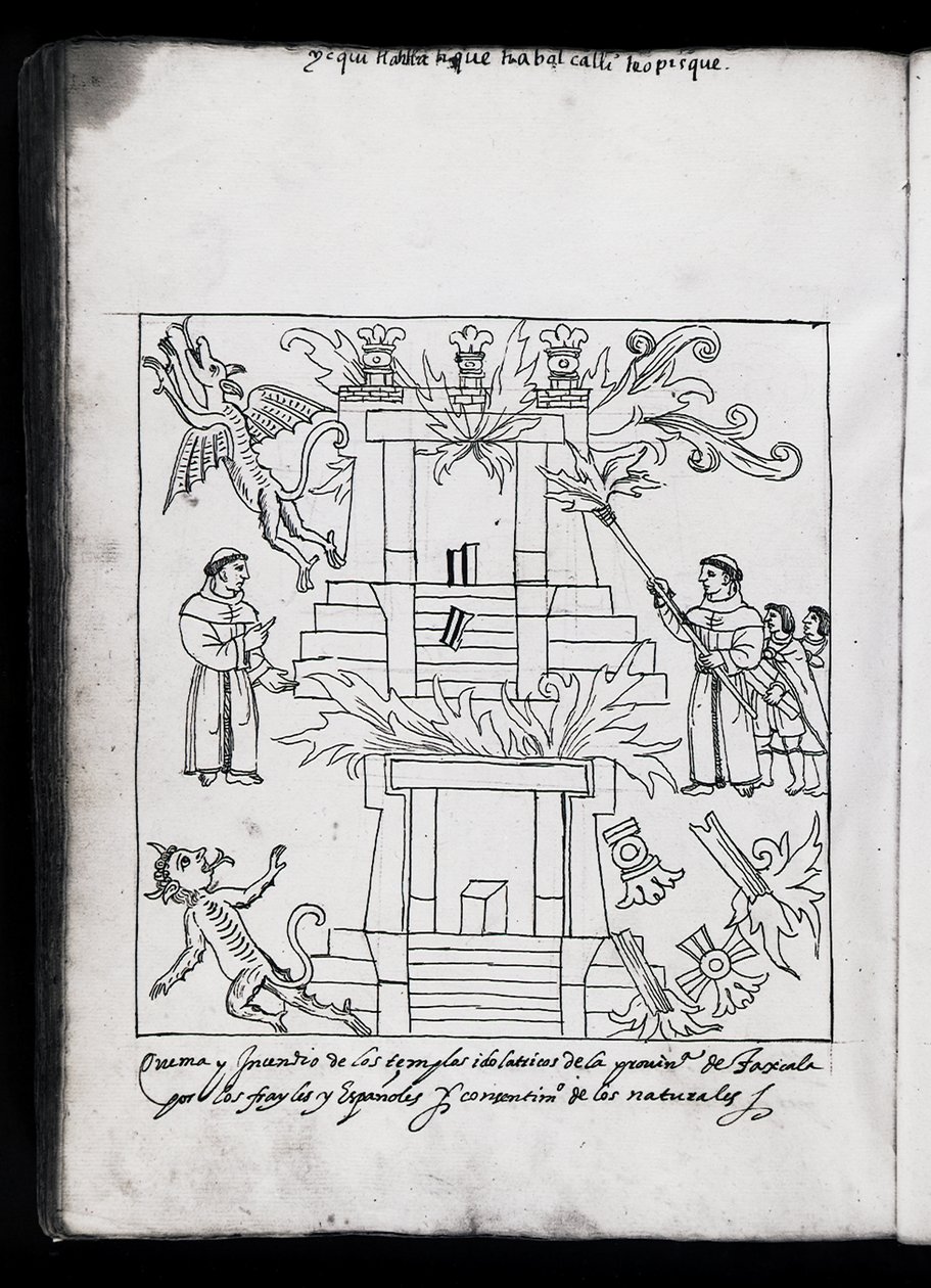 Ms Hunter 242 f.240vフランシスコ会の燃える神殿、ディエゴムノスカマルゴ作のヒストリアデトラスカラのイラスト 作： メキシコの学校