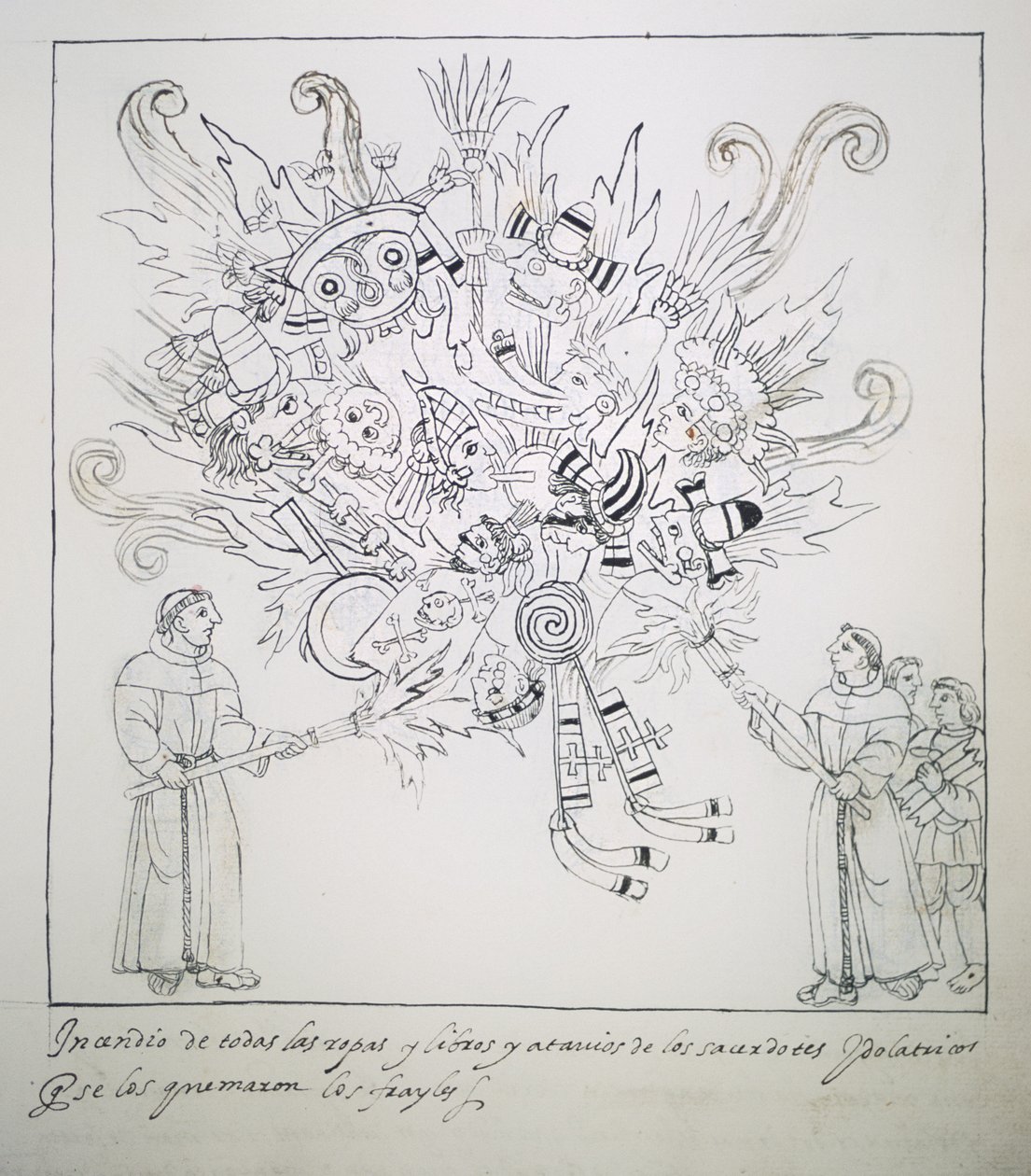 Ms Hunter 242 f.242r Diego Munoz CamargoによるHistoria de Tlaxcalaの伝統的な本や服を燃やすフランシスコ修道会 作： メキシコの学校
