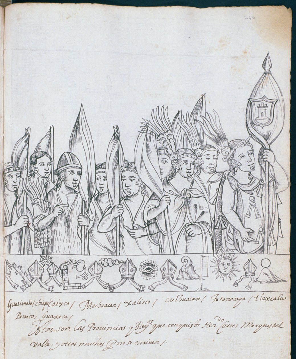 Ms Hunter 242 f.246rメキシコ州の代表、ヒストリアデトラスカラ出身、Diego Munoz Camargo 作： メキシコの学校