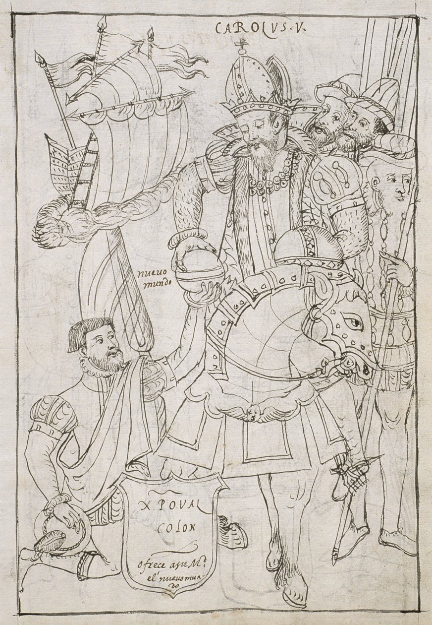 Ms Hunter 242 f.249r Christopher Columbus（1451-1506）ヒストリアデトラスカラからDiego Munoz Camargoがチャールズ5世（1500-08）に新世界を象徴的に提供 作： メキシコの学校