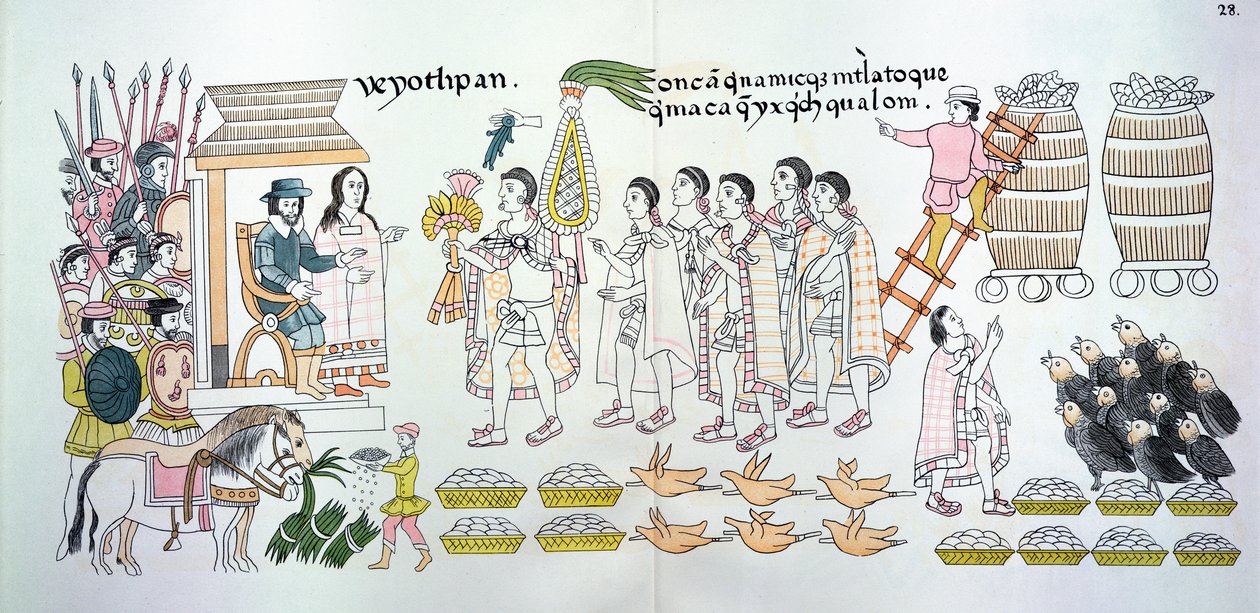 トラスカラン族の首長、マキシカッツインは、メキシコインディアンの絵の歴史の複製からの挿絵として、エルナンドコルテス（1485-1547）にバラの花束とその他の贈り物を贈呈します。 作： メキシコの学校