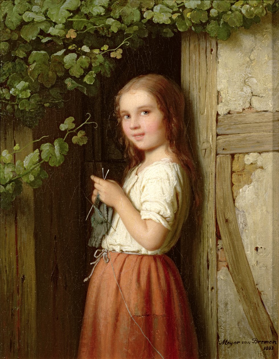 戸口編み物に立っている少女、1863 作： ブレーメン出身のヨハン・ゲオルグ・マイヤー