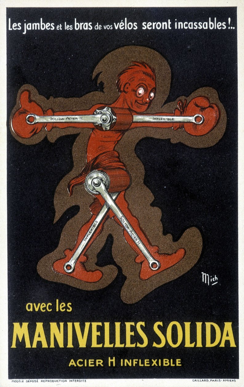 無垢の鉄でできたVeloのクランクの広告。ドローイング：Mich（Michel Liebeaux 作： 自分