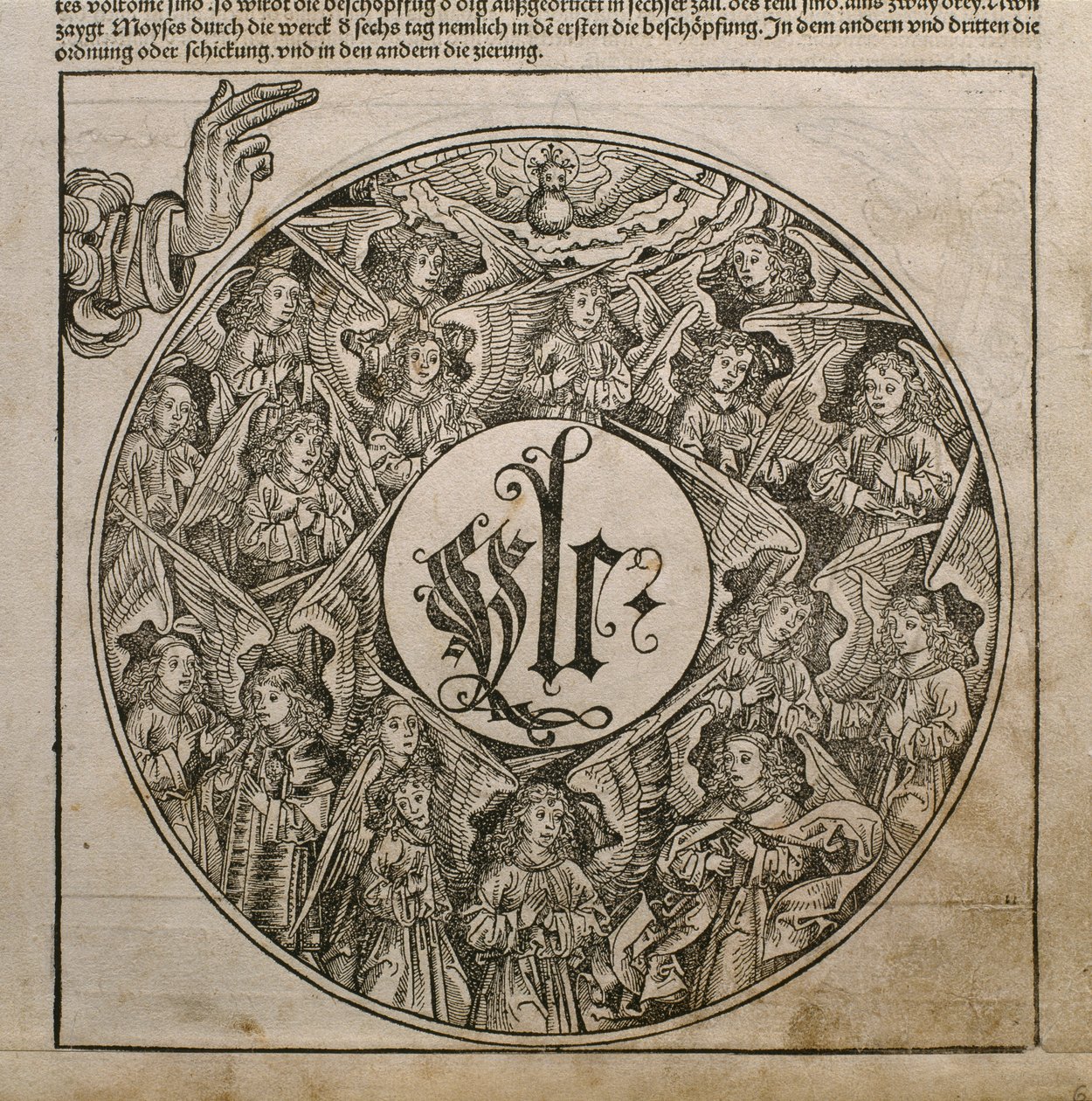 1493年にニュルンベルクで出版されたハルトマンシェデル（1440-1514）の「Liber Chronicarum」からのイラスト、天使を作成する父なる神 作： マイケルとプレイデンウルフ、W。ウォルゲムス