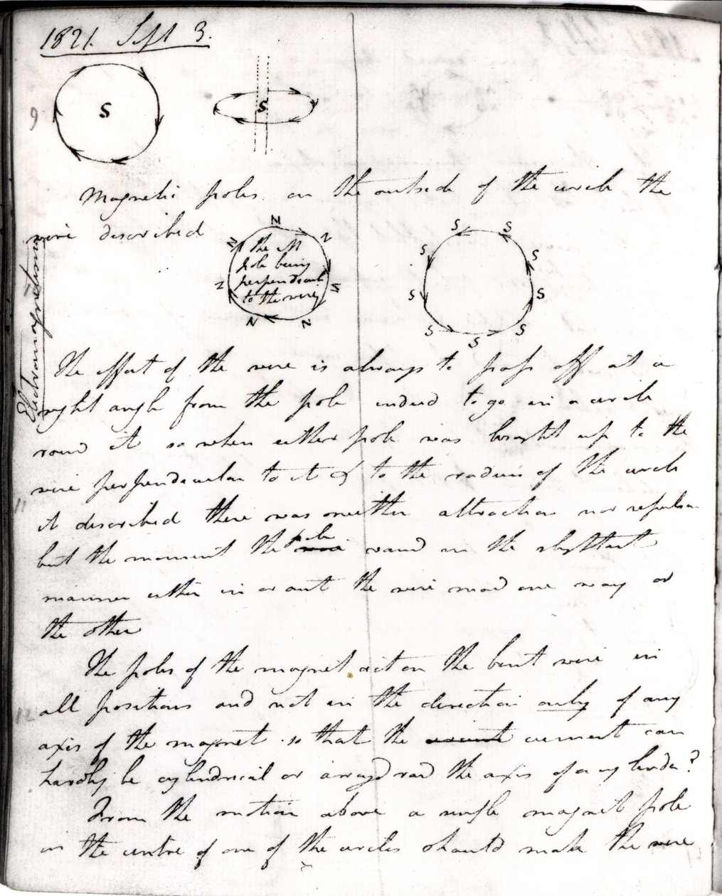 1821年9月3日の「現在の実験の回転」に関するファラデーのノートの74ページ 作： マイケル・ファラデー