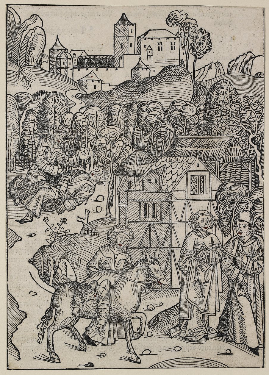 善きサマリア人のたとえの第二部c。 1491（木版画、赤い水彩で過労、活版印刷） 作： マイケル・ウォルゲムット