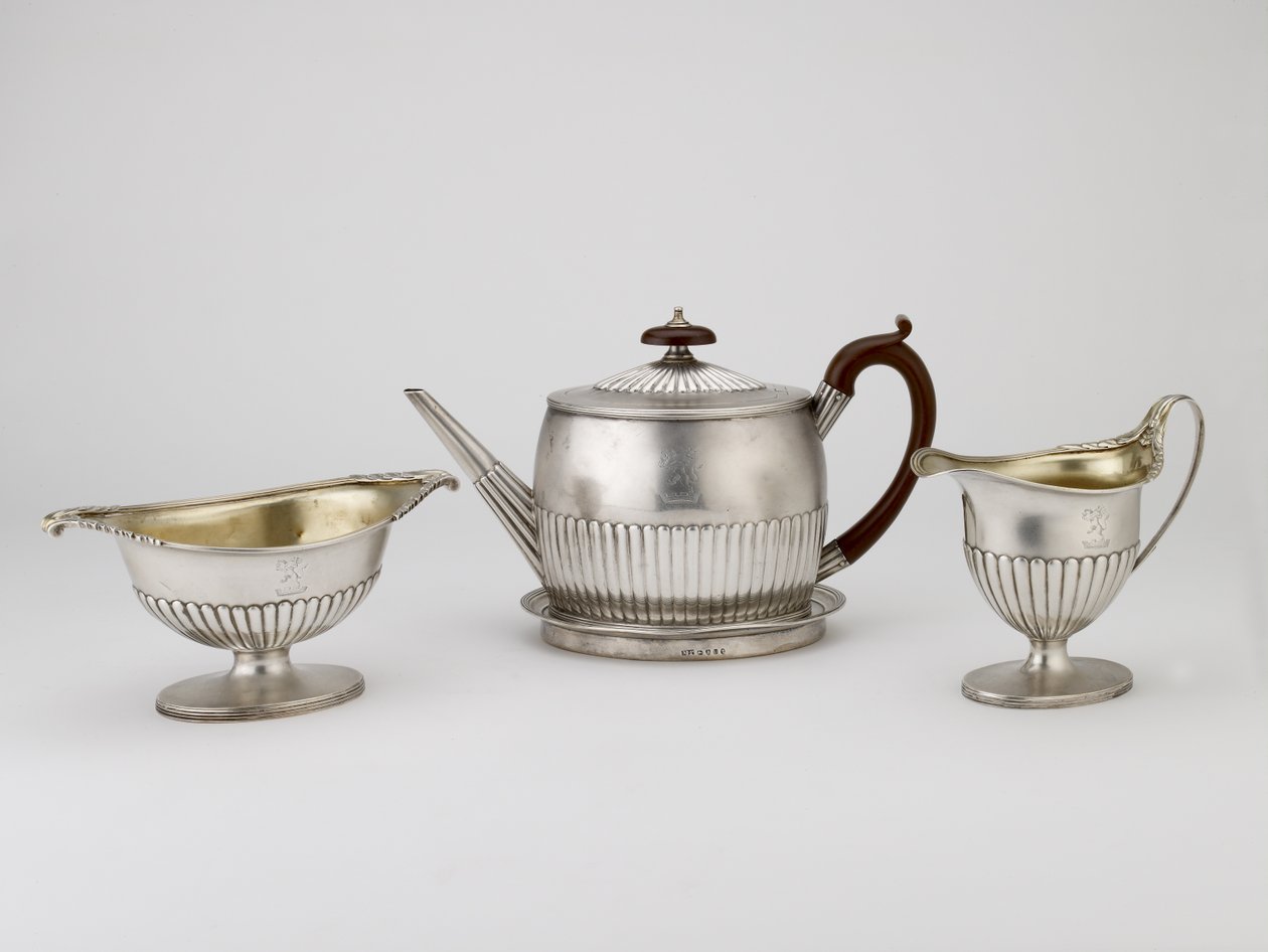 ティーポットとスタンド、クリームジャグ、シュガーボウル、1794-1795（シルバー） 作： マイケルとスコフィールド、ジョン・プラマー