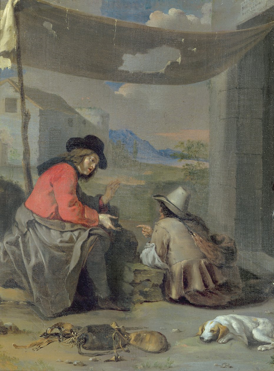 犬と一緒に座っている2人の人物（船内の油） 作： Michael（attr。To）Sweerts