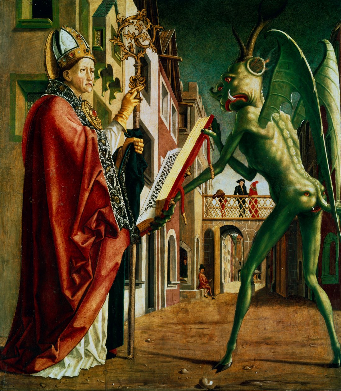 「悪徳の書を聖アウグスティヌスに差し出す悪魔」、c1455-1498。 作： マイケル・パッチャー
