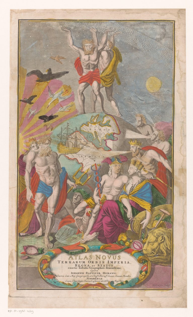 Atlas en Hercules ドラゲン sternerhemel タイトル: Johann Baptista Homann, Atlas Novus Terrarum Orbis Imperia, Regna et Status Exacte Tabulis Geographicè Demonstrants, 1729 作： マイケル・レスラー