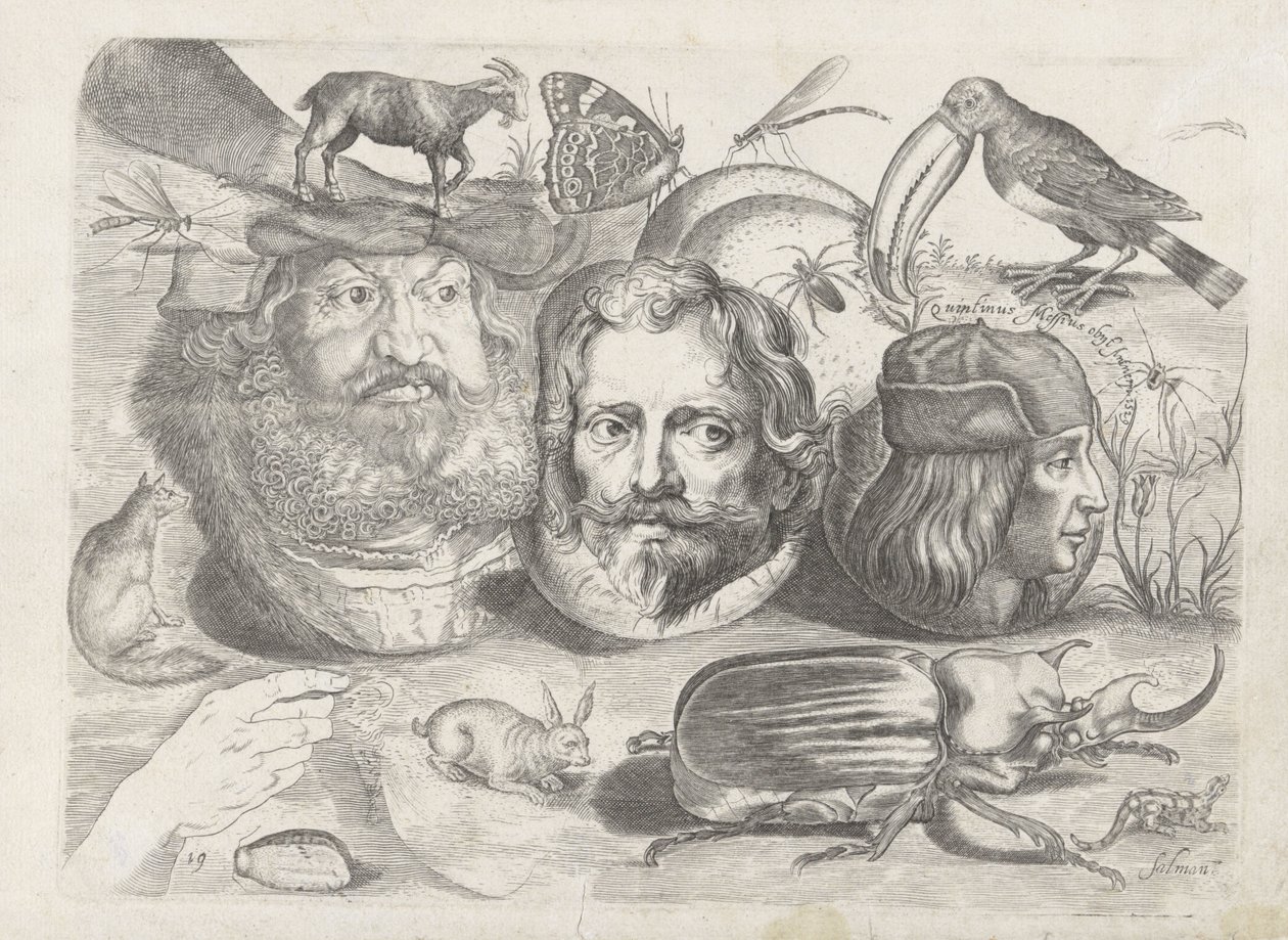 デッサンの見本が掲載された練習用シート：肖像画、動物、昆虫 作： Michael Snijders