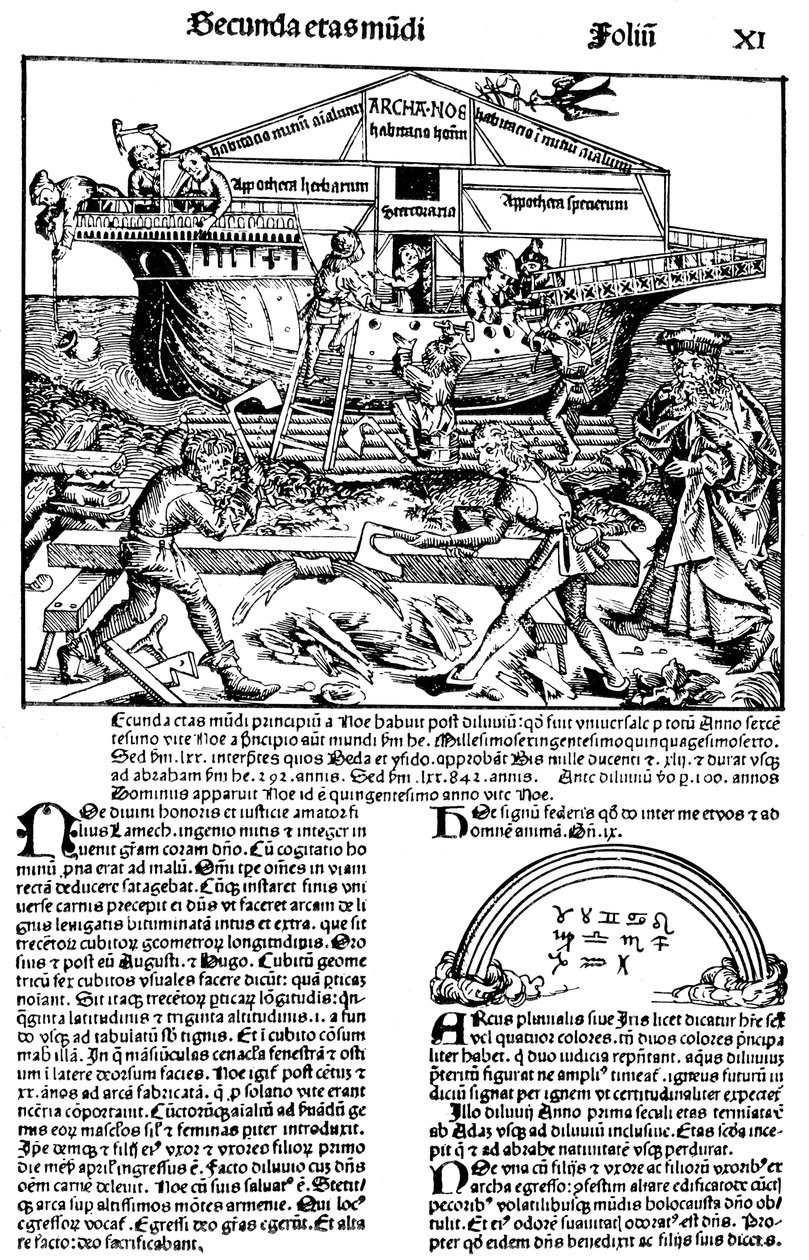 Hartmann Schedelによる1493年の本「ニュルンベルク年代記」のページ。 作： マイケル・ウォルゲムット