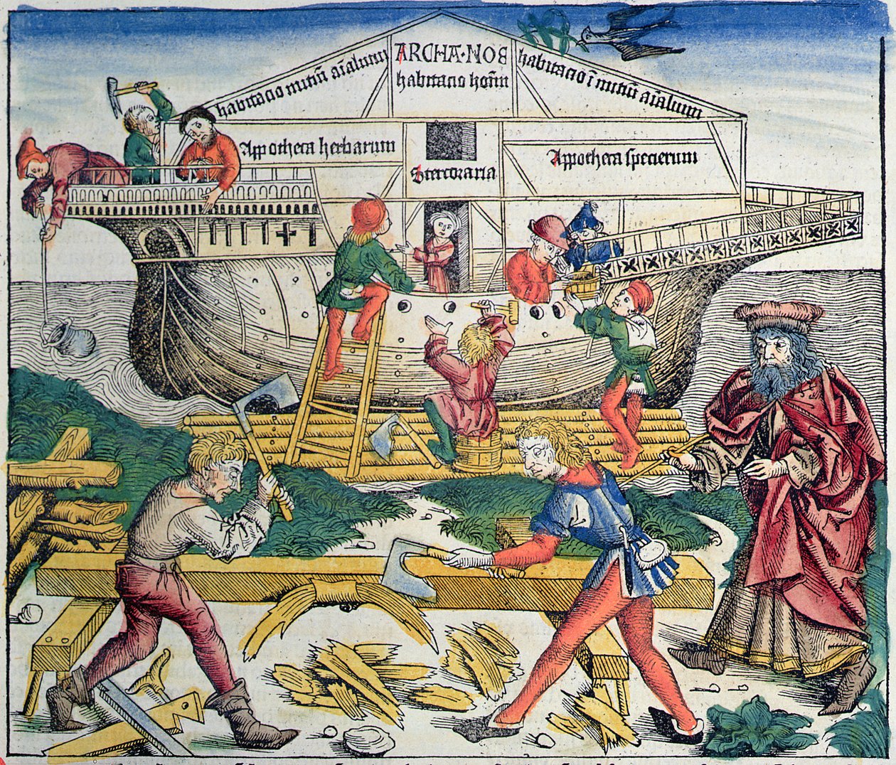 ノアズアークの建物、ハルトマンシェーデル作「ニュルンベルククロニクル」、1493年（色の木版画） 作： マイケル・ウォルゲムット