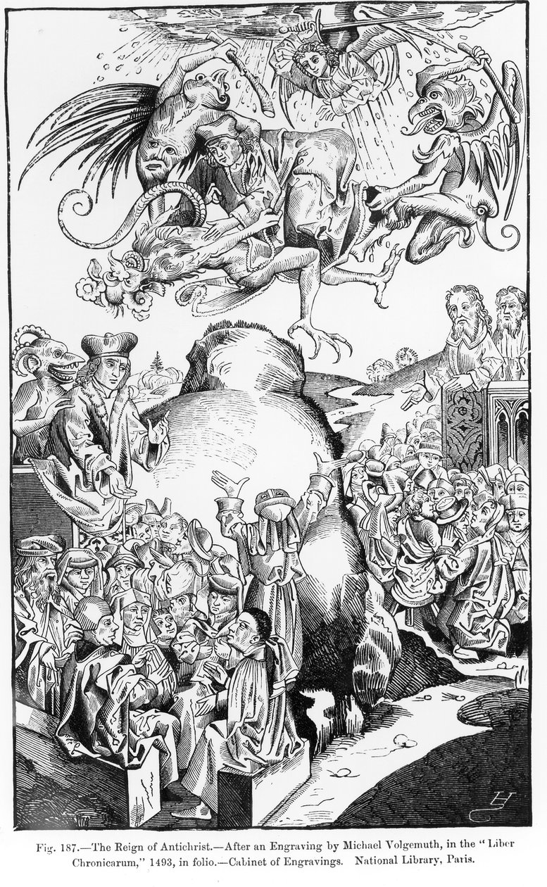 1493年に出版されたリベルクロニコルムからの反キリストの統治、イラスト、中世の科学とルネサンス、ポールラクロワによって書かれ、彫刻された、1878年（engrav 作： マイケル・ウォルゲムット