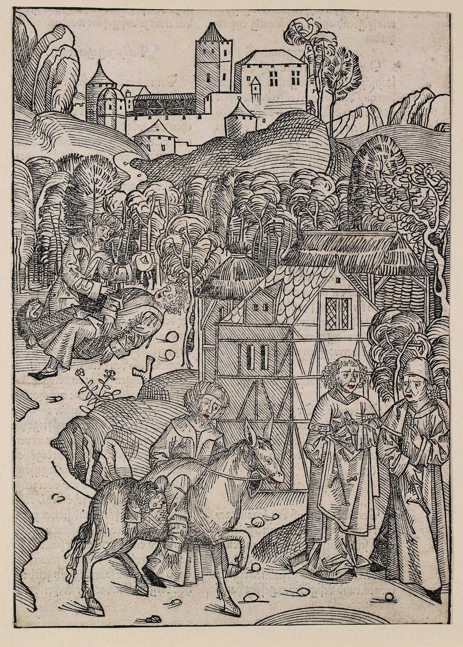 良きサマリア人の例えの後半部分（c1491 作： マイケル・ウォルゲムット