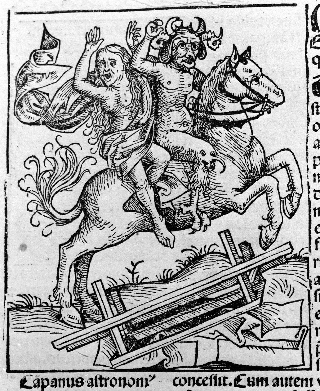 安息日を狙う悪魔と魔女 by Hartmann Schedel Liber chronicarum Nuremberg 1493年 作： マイケル・ウォルゲムートまたはウォルゲムス