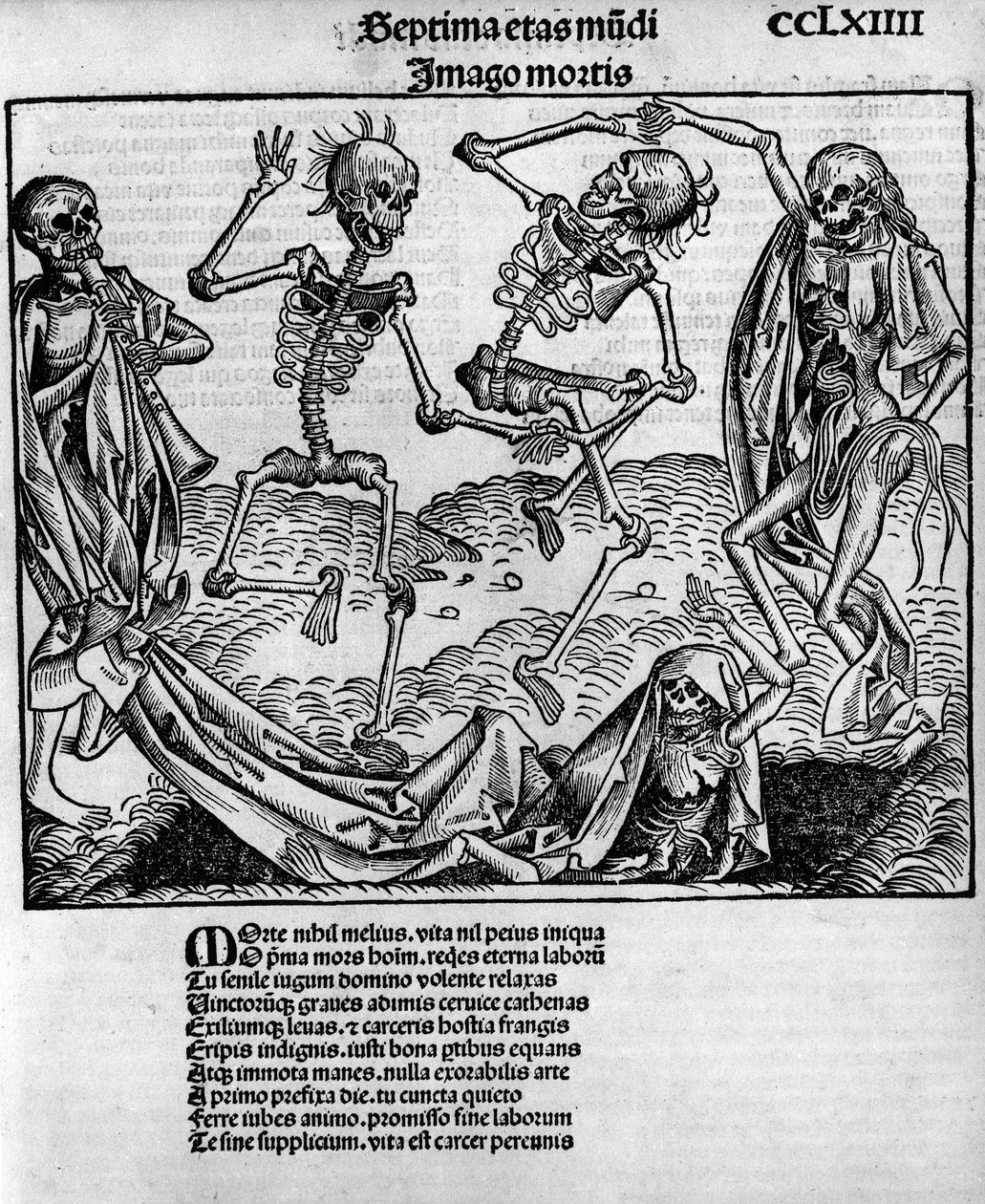 ハルトマン・シェデル（1440-1514）の「ニュルンベルク年代記」に登場する、骸骨が登場する不気味なダンスシーン（7月12日、ニュルンベルクでアントン・コベルガーが編集 作： Michael and Pleydenwurff W.（d.1494）Wolgemuth