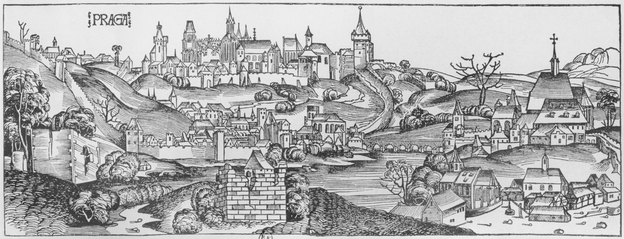 1493年にニュルンベルクで出版されたハルトマンシェデル（1440-1514）による「自由のクロニコルム」からのプラハの眺め 作： マイケルとプレイデンウルフ、W。ウォルゲムス