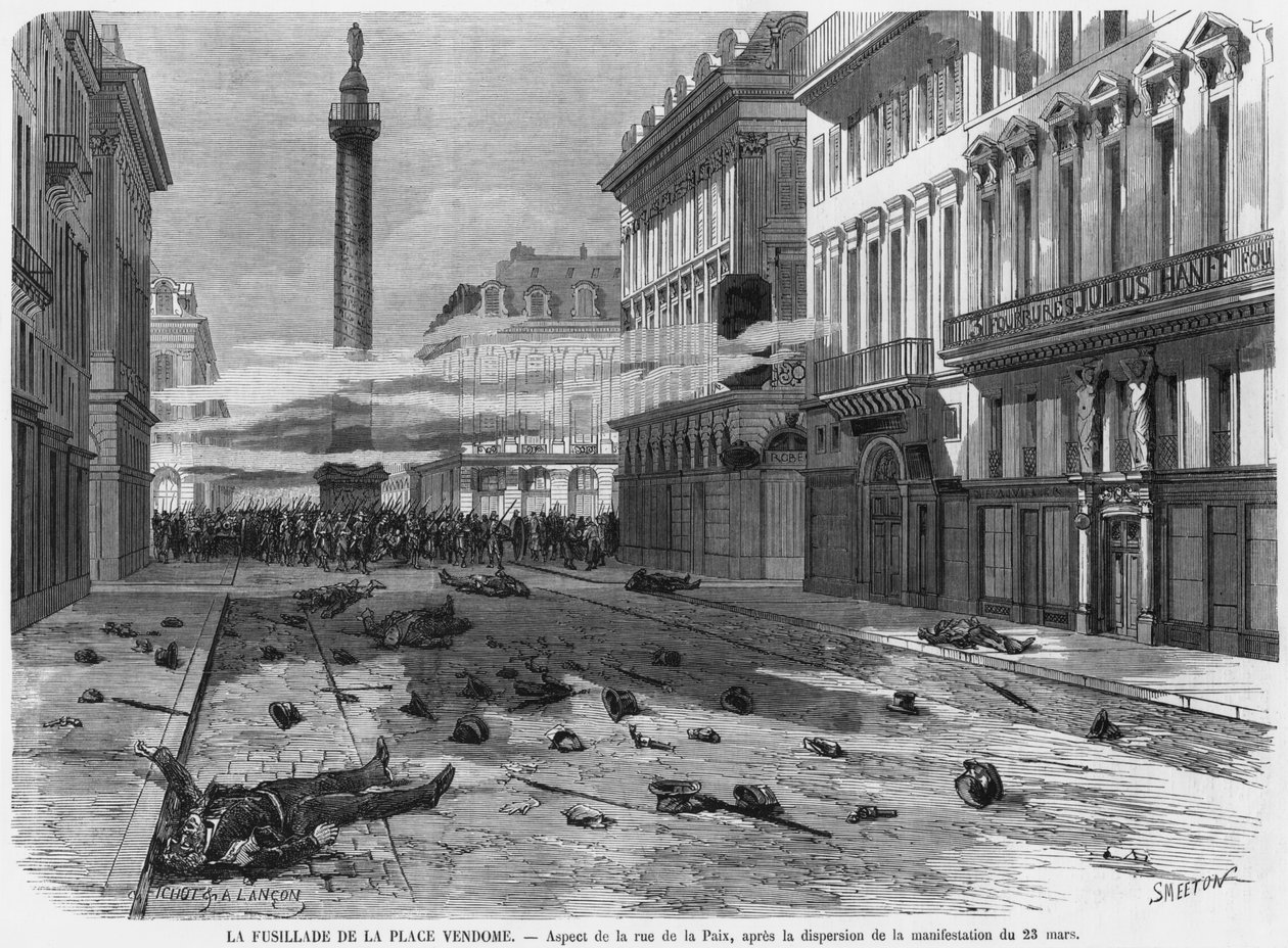 1871年3月23日、バーンスミートン（fl.1840-60）によって彫刻された、パリのルードラペでのデモの解散後のヴァンドーム広場からの撮影 作： ミシェルとランコン、オーギュスト・フィショー