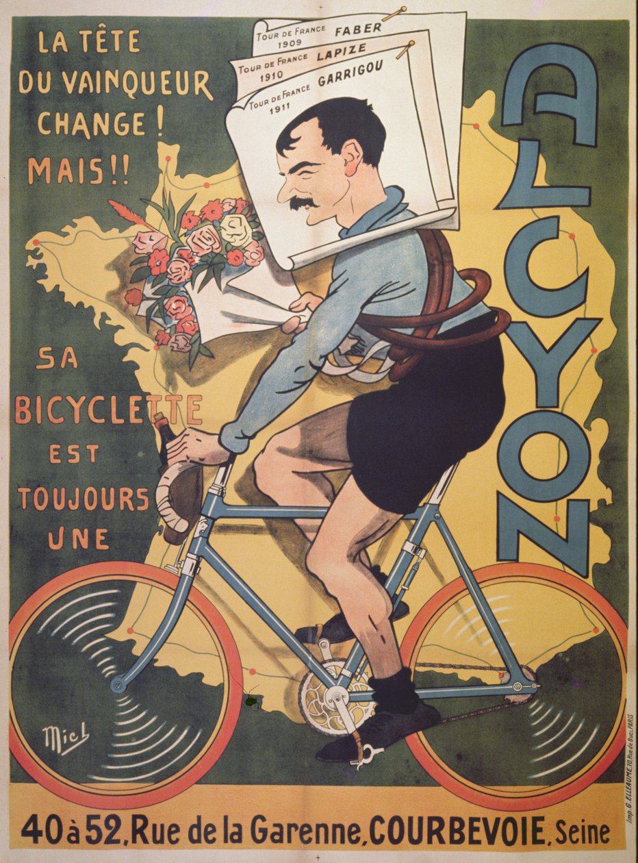 「アルシオン」を宣伝するポスターは、ツールドフランスフェーバー（1909）、ラピズ（1910）、ガリゴー（1911）1911の優勝者と巡回しています 作： ミシェル・リーボー