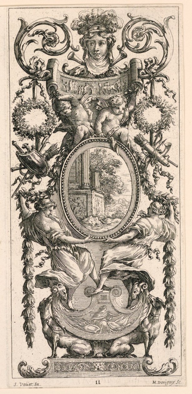 Livre de Diverses Grotesques peintes dans le Cabinet et Bains de la Reyne Regente、au Palais Royale から、葉が並ぶ頭が上にある装飾パネル、葉が並ぶ頭が上にある装飾パネルのプレート 11 作： ミシェル・ドリニー