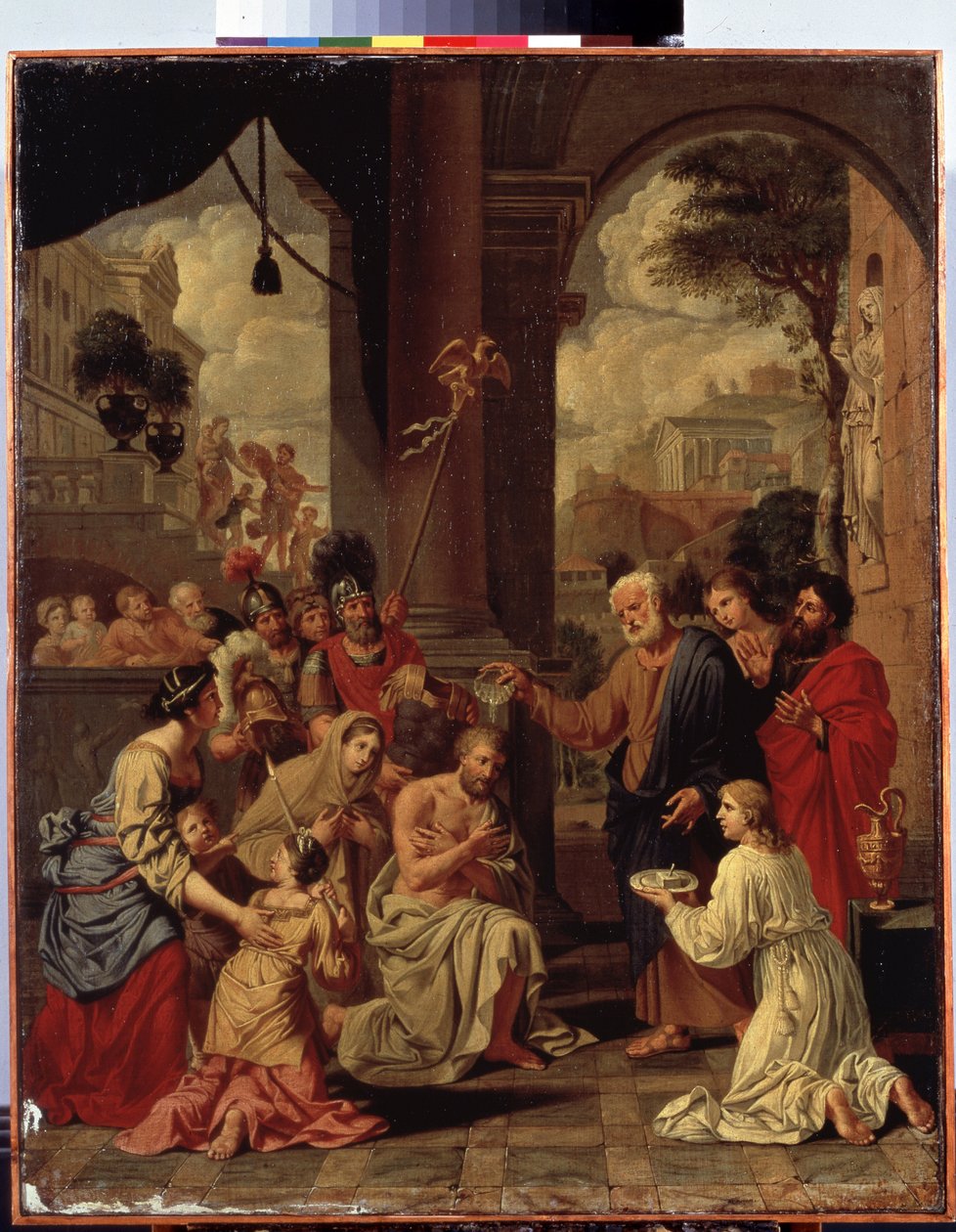 ""Le bapteme du centurion Corneille"" (百人隊長コルネリウスの洗礼) ローマの百人隊長であるコルネイユは、ピーターから洗礼を受けました。 ミシェル コルネイユ (1642-1708) の絵画。 17世紀 Dim. 88x70 cm エルミタージュ美術館、サンクトペテルブルク 作： ミシェルデタペストリーコルネイユ