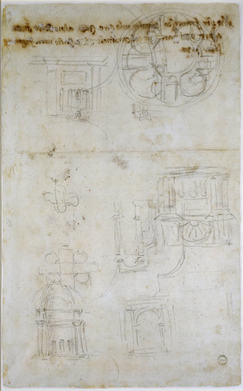 Architectural Studies、c.1560（紙に黒いチョーク） 作： ミケランジェロ・ブオナローティ