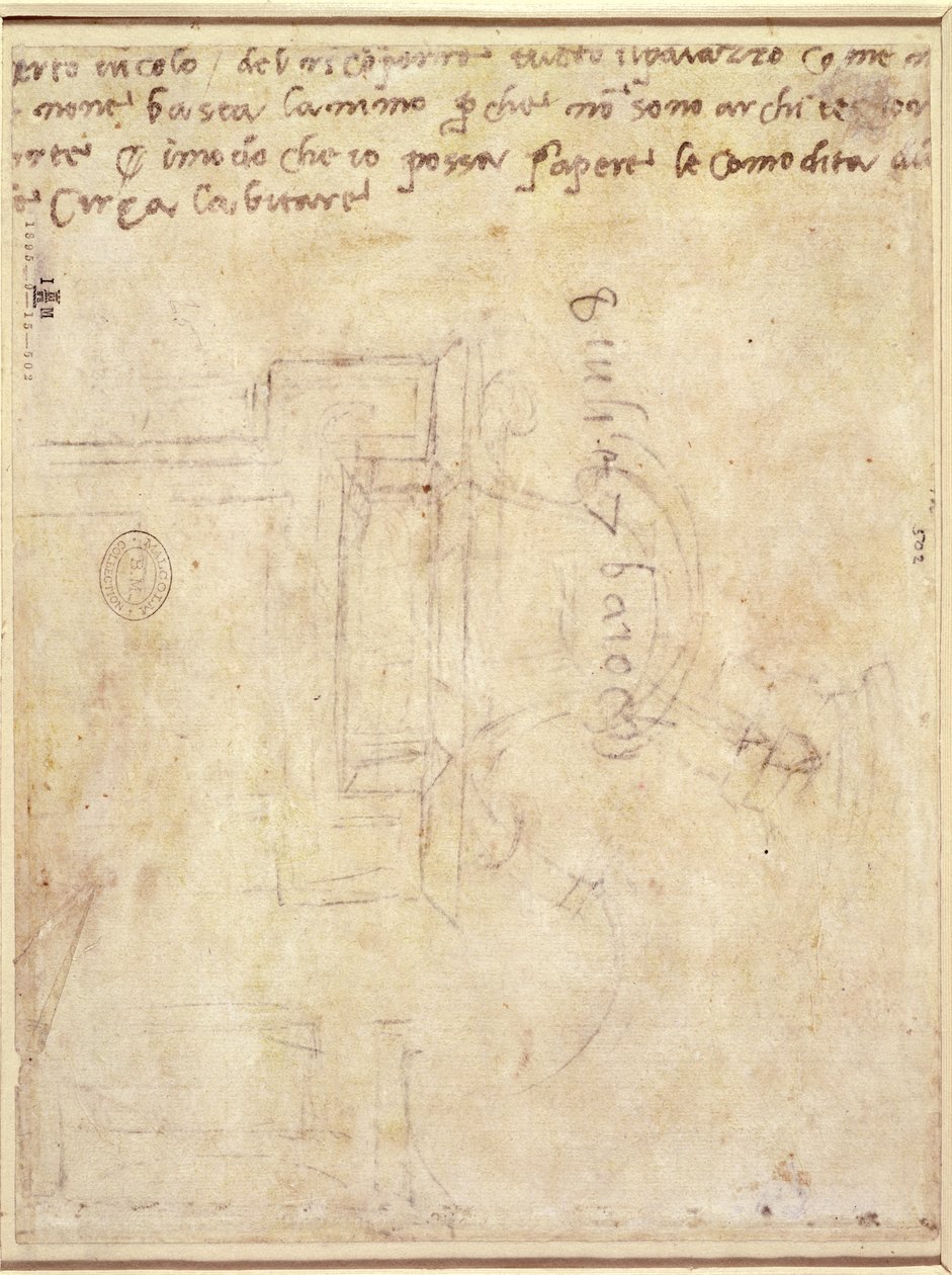 建築書とノート（紙にペンと鉛筆）（verso）（直訳は191771を参照） 作： ミケランジェロ・ブオナローティ
