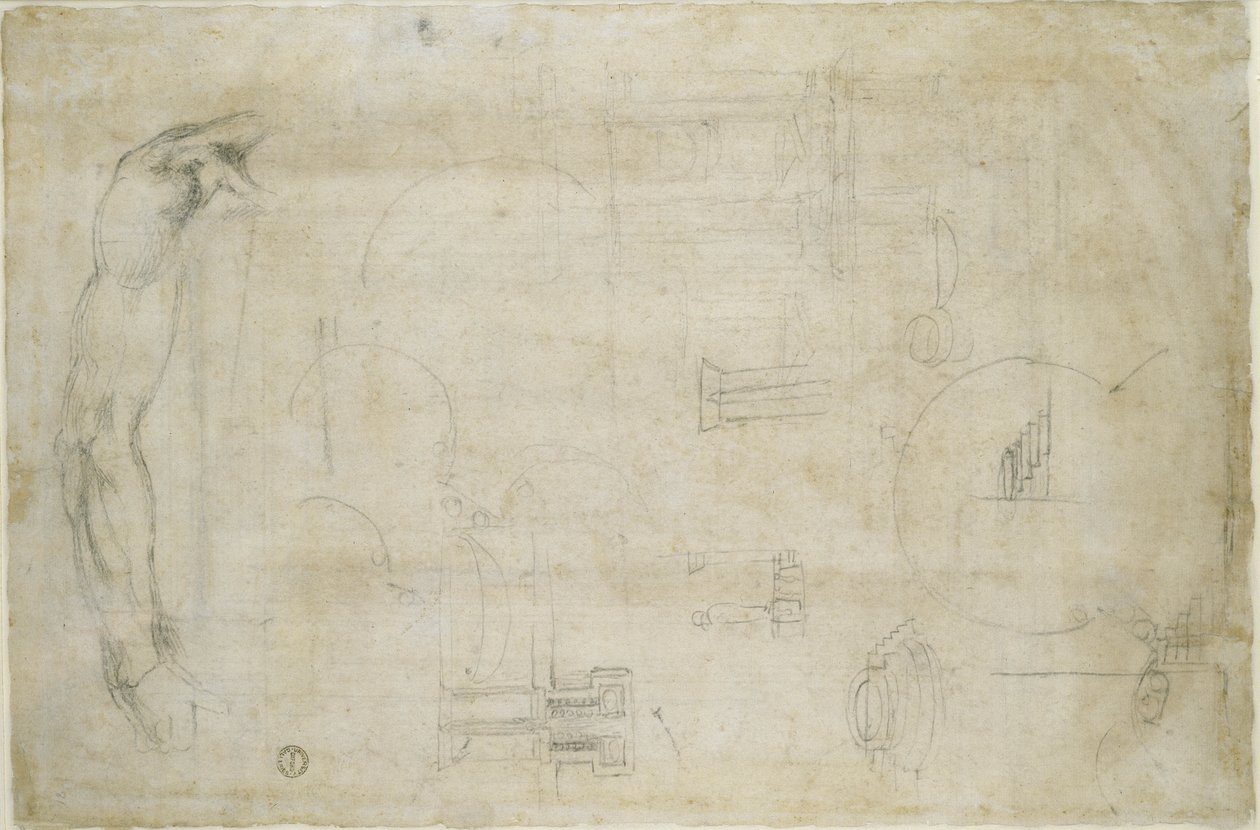 建築学と人間の腕、1538-50年頃（紙に黒いチョーク） 作： ミケランジェロ・ブオナローティ