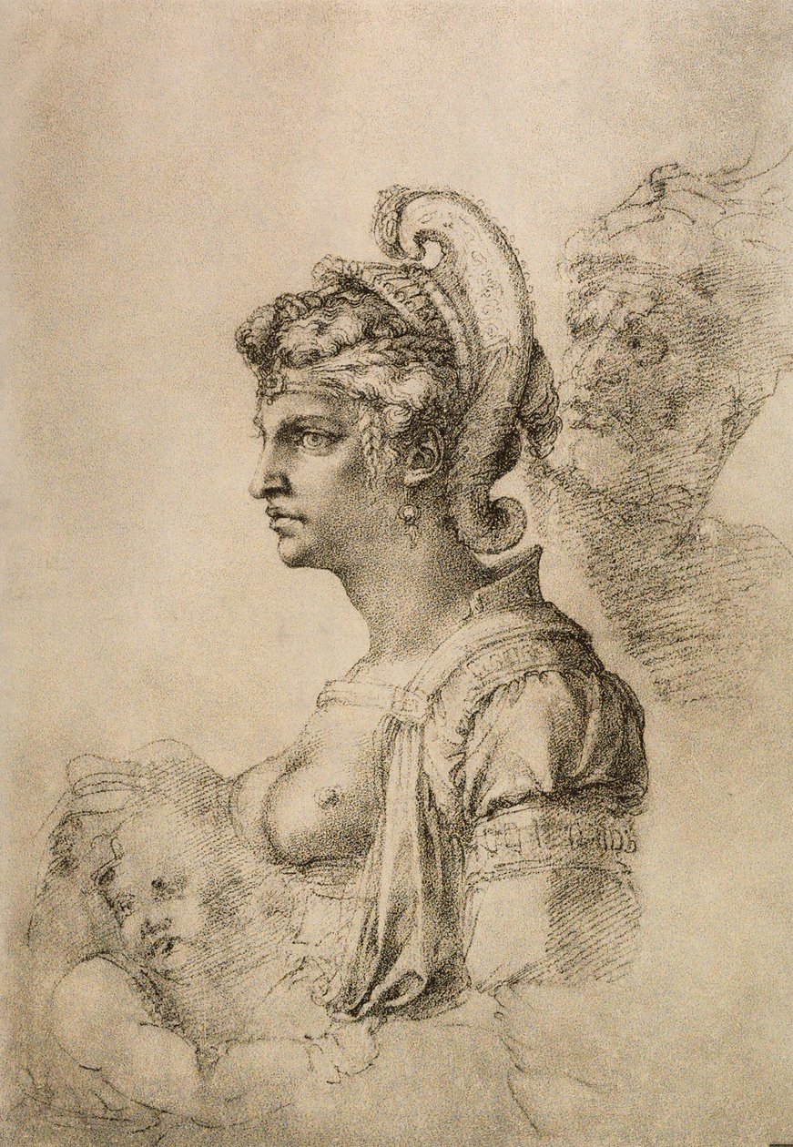 ミケランジェロが描いたクレオパトラ。内閣描画と版画、ウフィツィ美術館、フィレンツェ 作： ミケランジェロ・ブオナローティ