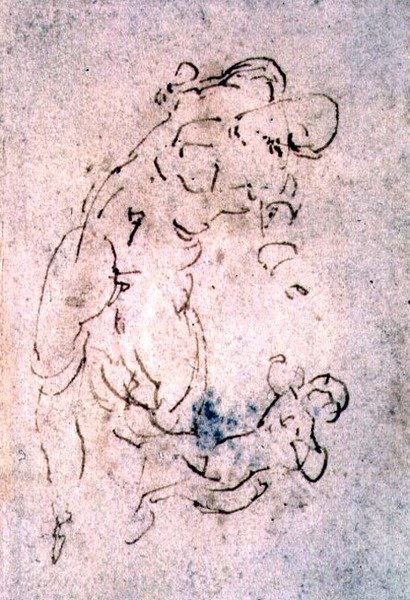 Inv。 1859 6-25-553。 R.（W.56）リクライニングの男性と子供のスケッチ（赤いチョーク） 作： ミケランジェロ・ブオナローティ