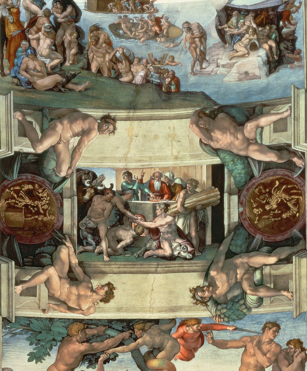 システィーナ礼拝堂の天井（1508-12）：ノアの犠牲、1508-10（復元後） 作： ミケランジェロ・ブオナローティ