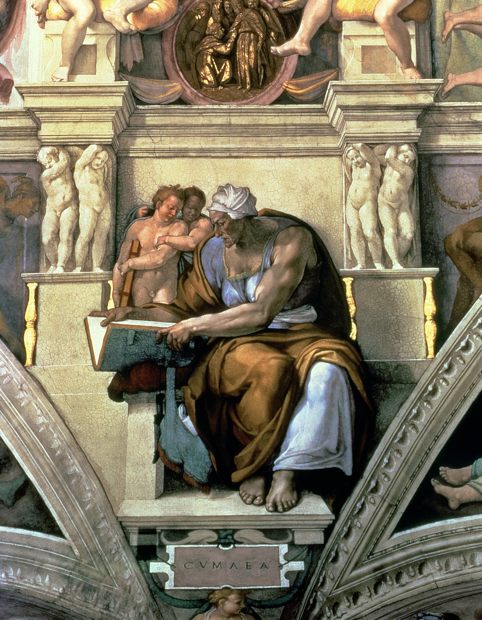 システィーナ礼拝堂の天井：Cumaean Sibyl、1510（復元後） 作： ミケランジェロ・ブオナローティ