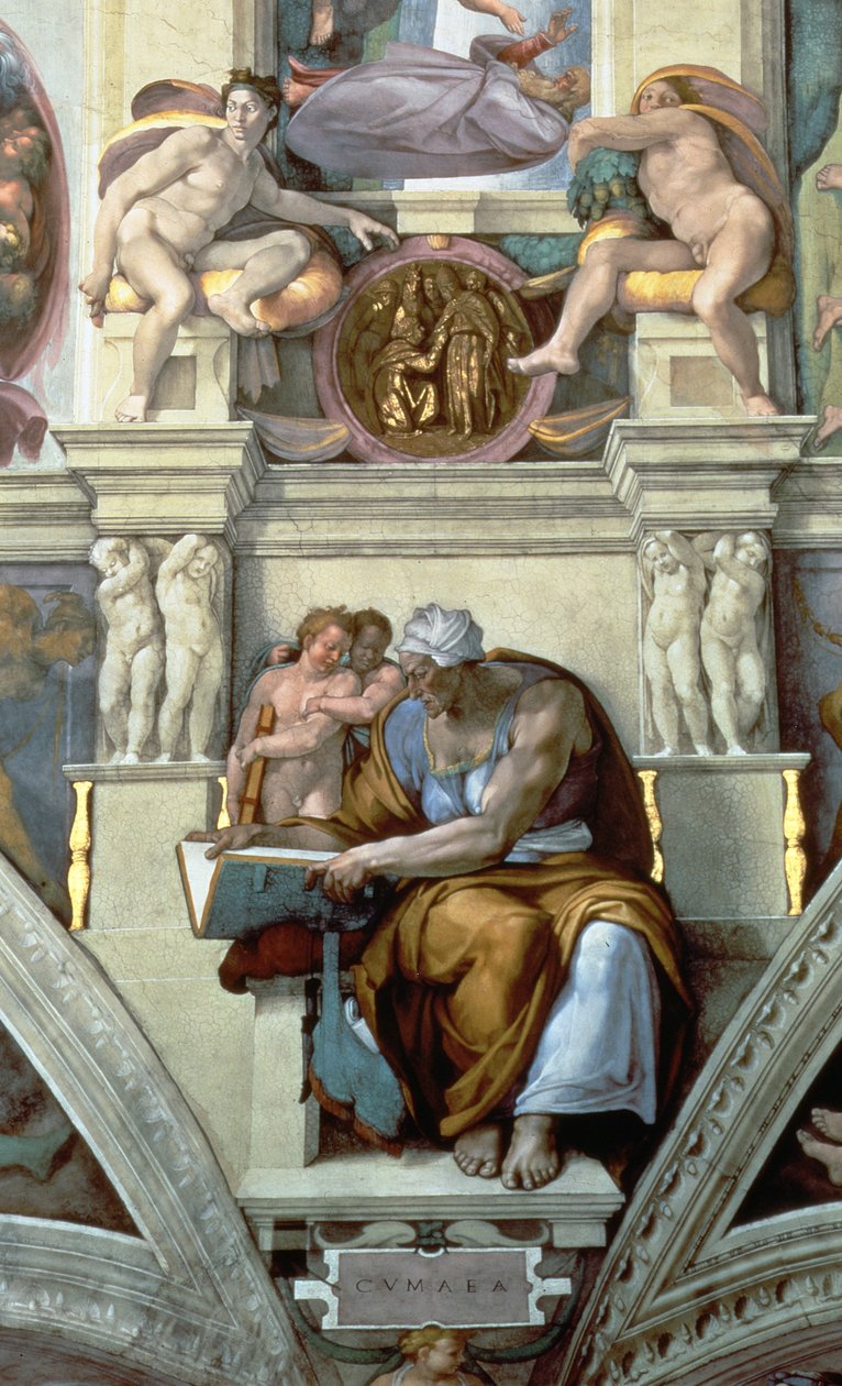 システィーナ礼拝堂の天井：Cumaean Sibyl、76588の1510フレスコ画修復詳細 作： ミケランジェロ・ブオナローティ