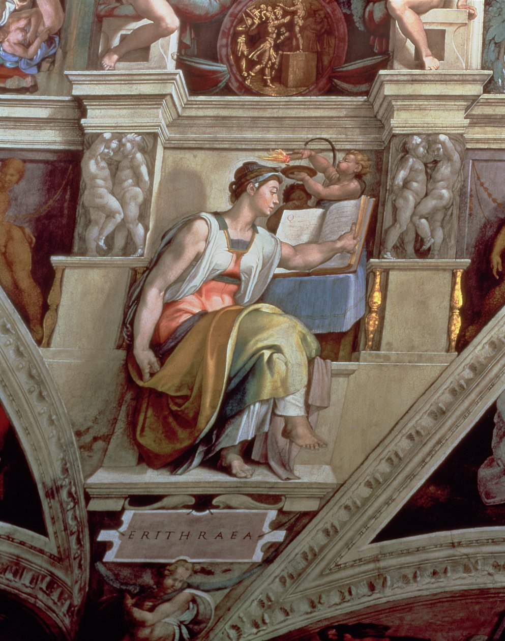 システィーナ礼拝堂の天井：Erythraean Sibyl、1510（復元後） 作： ミケランジェロ・ブオナローティ