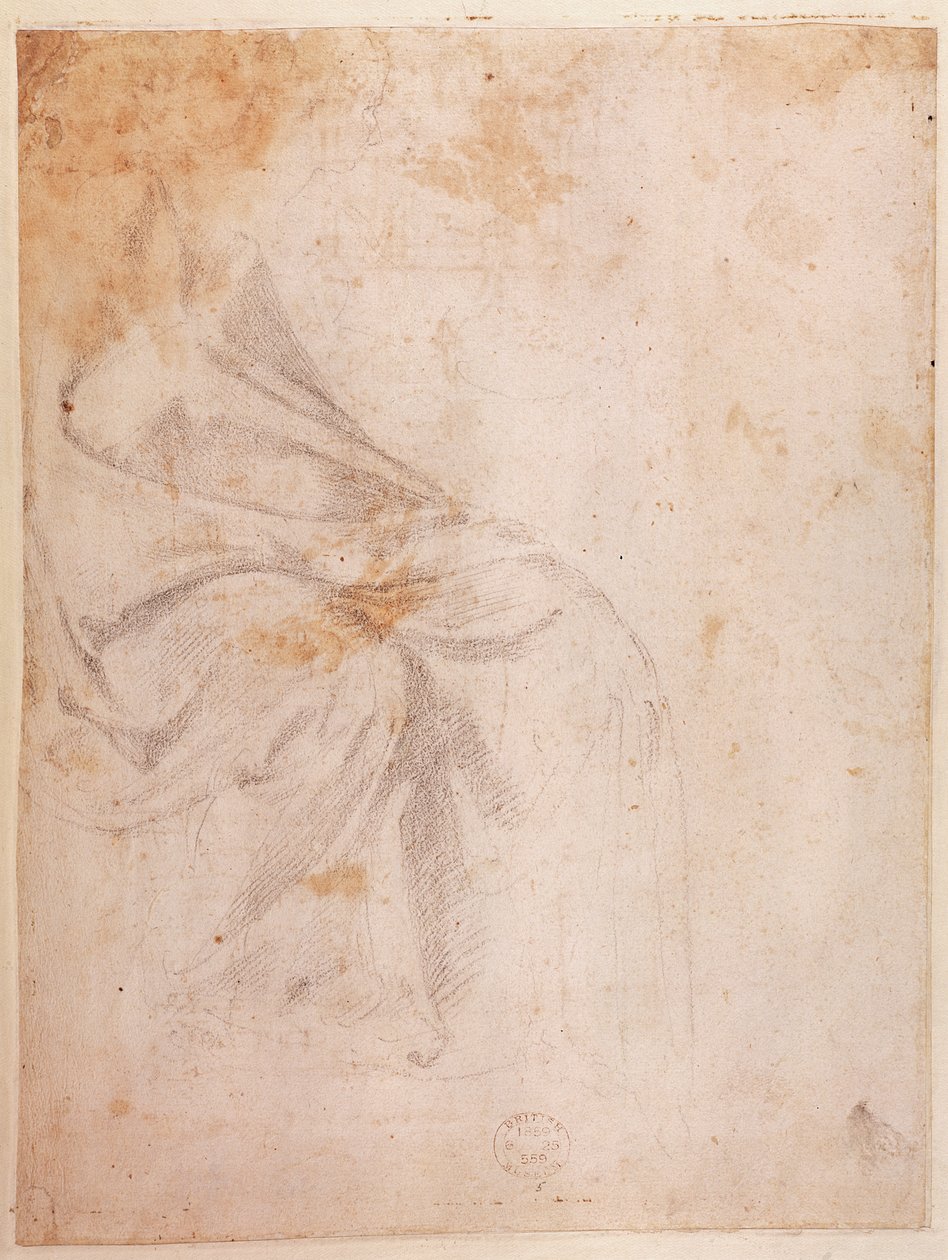 カーテンの研究（紙に黒いチョーク）c.1516（verso）（直訳は191775を参照） 作： ミケランジェロ・ブオナローティ