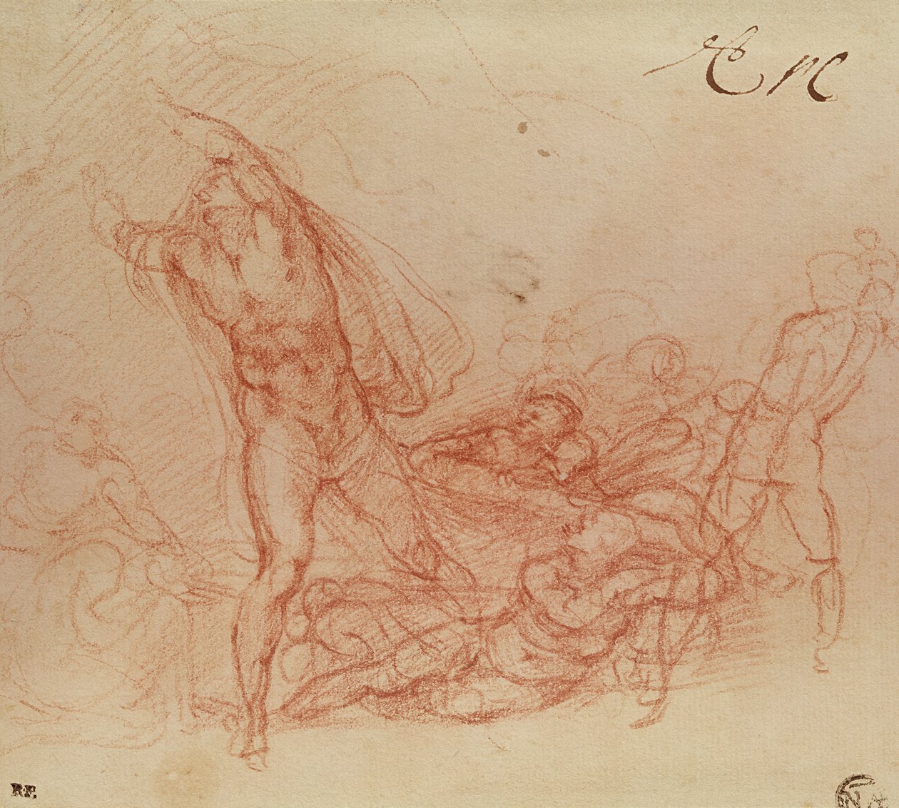 キリストの復活、1536-38年頃（紙に赤いチョーク） 作： ミケランジェロ・ブオナローティ
