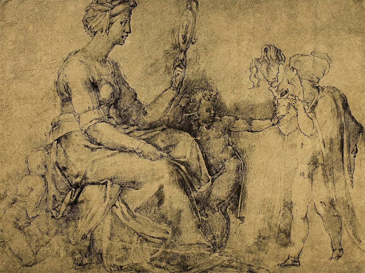 虚栄心（？）、ミケランジェロのドローイング。内閣描画と版画、ウフィツィ美術館、フィレンツェ 作： ミケランジェロ・ブオナローティ