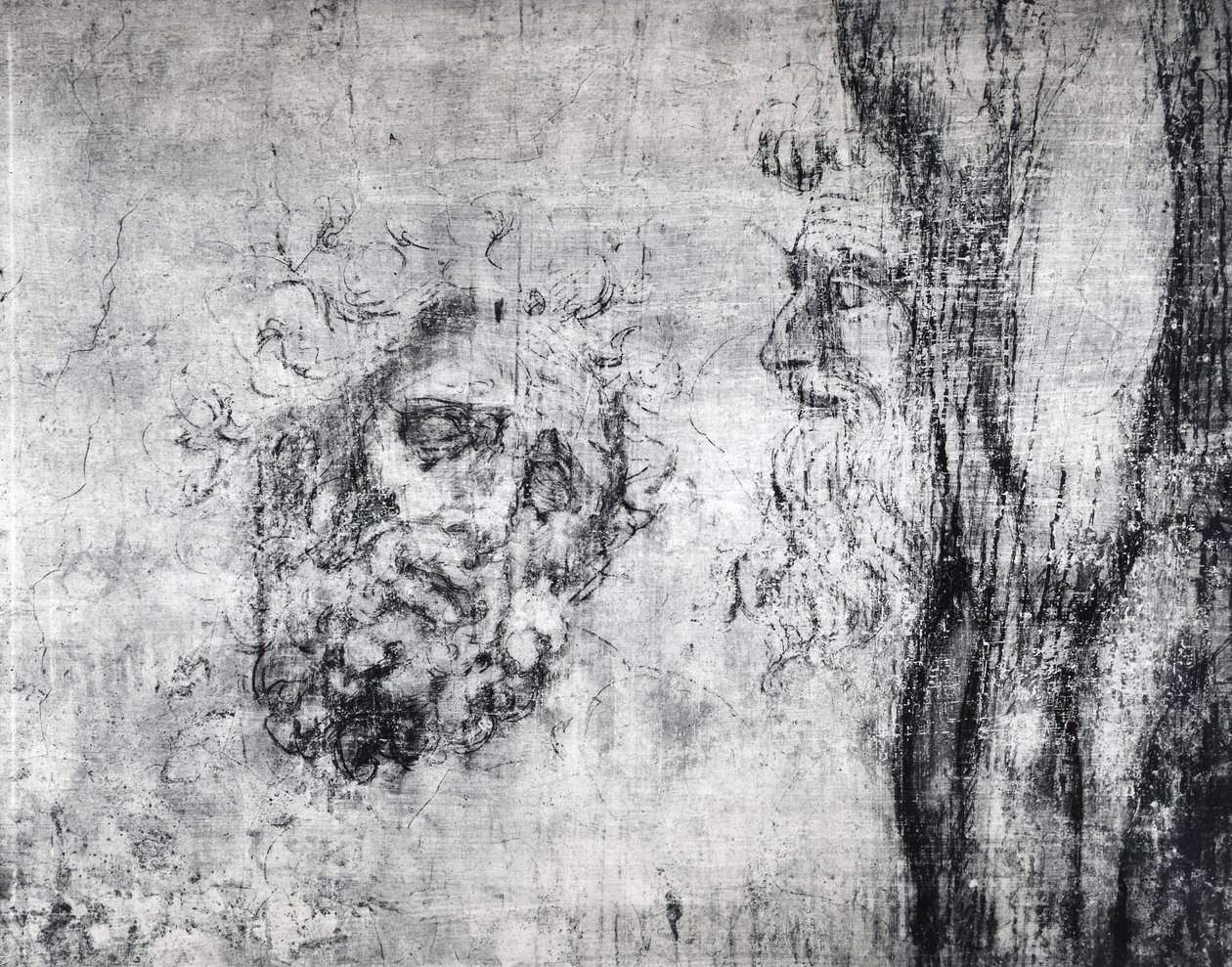 2つの頭の壁画、c.1530（石膏に木炭） 作： ミケランジェロ・ブオナローティ