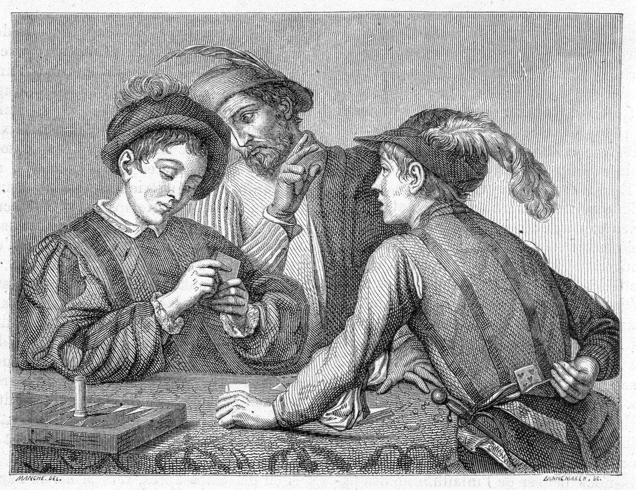 詐欺師たち。1596年頃のカラヴァッジオ（il Caravaggio）の作品を描いた19世紀の彫刻。 作： ミケランジェロ（後）カラヴァッジョ