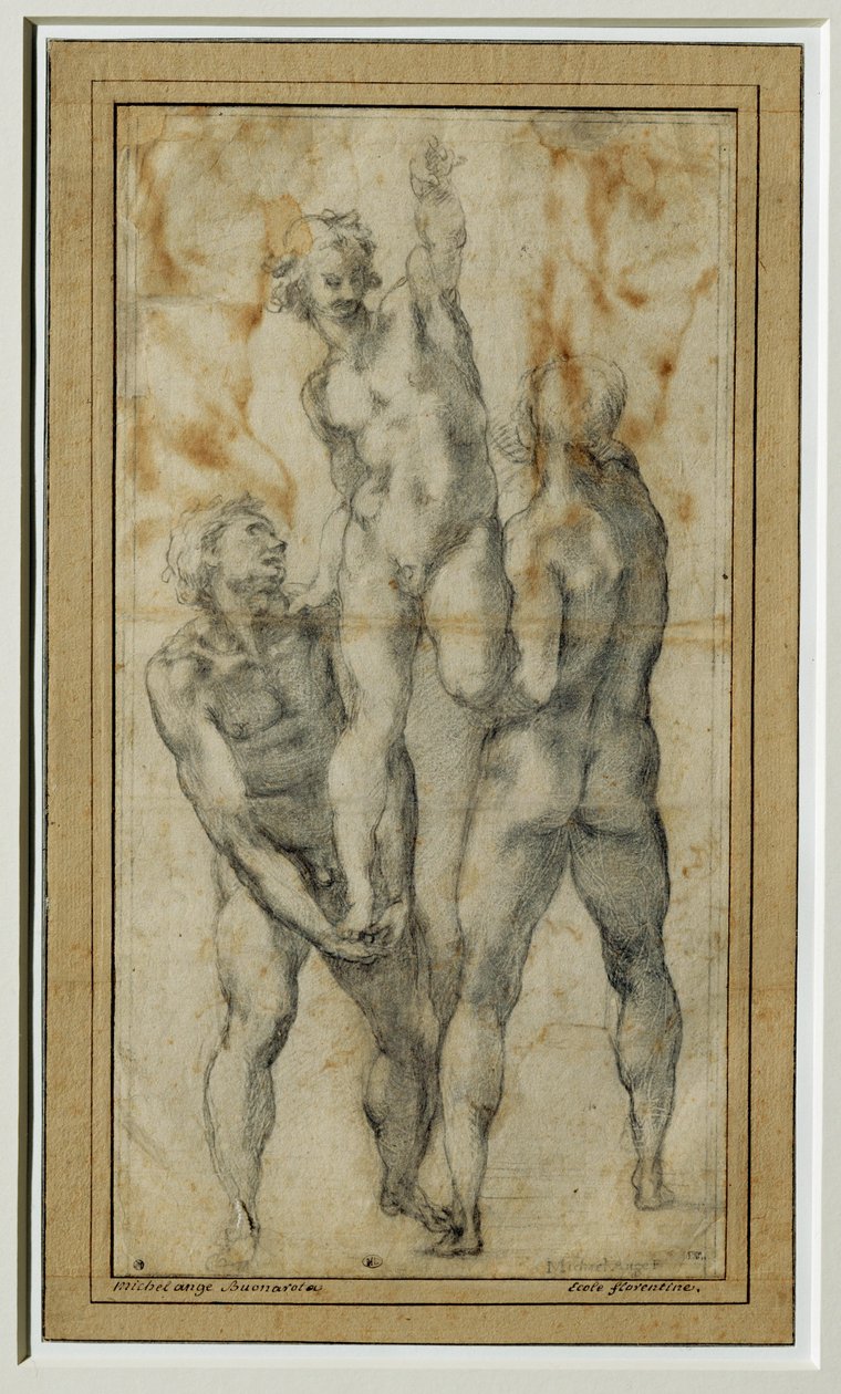 三人目を持ち上げる二人の裸の男 1502-06年頃... 作： ミケランジェロ・ブオナローティ