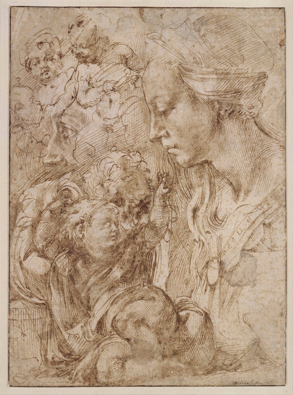 "Etude pour la sainte Famille avec saint Jean Baptiste enfant" (Studies for a Holy Family with John the Baptiste as Child) Dessin de Michelangelo Buonarroti (1475-1564) - 1505 - ペン、筆、墨、紙 Dim 28,7x20,9 cm Staatliche Museen, Berlin 作： ミケランジェロ・ブオナローティ