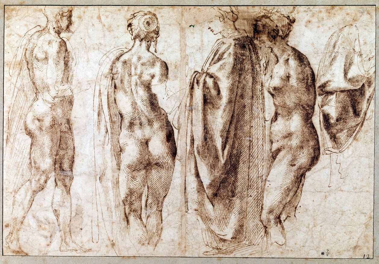 4人の立像とドレープのグループ ミケランジェロ・ブオナローティ（Michelangelo Buonarroti dit Michelangelo）のペンによるドローイング。 作： ミケランジェロ・ブオナローティ