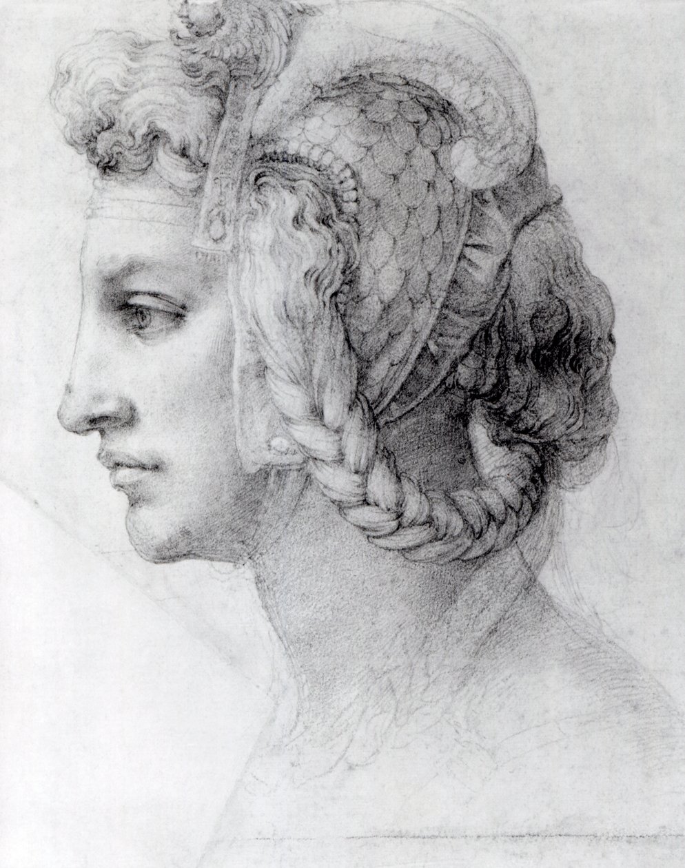 女性の理想的な頭、c.1525-28（紙に黒いチョーク） 作： ミケランジェロ・ブオナローティ